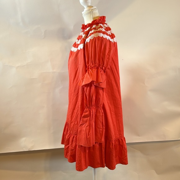 Cynthia Rowley | Coral Mock Neck Long Sleeve Ruffle Embroidered Dress | Small - Picture 7 of 14